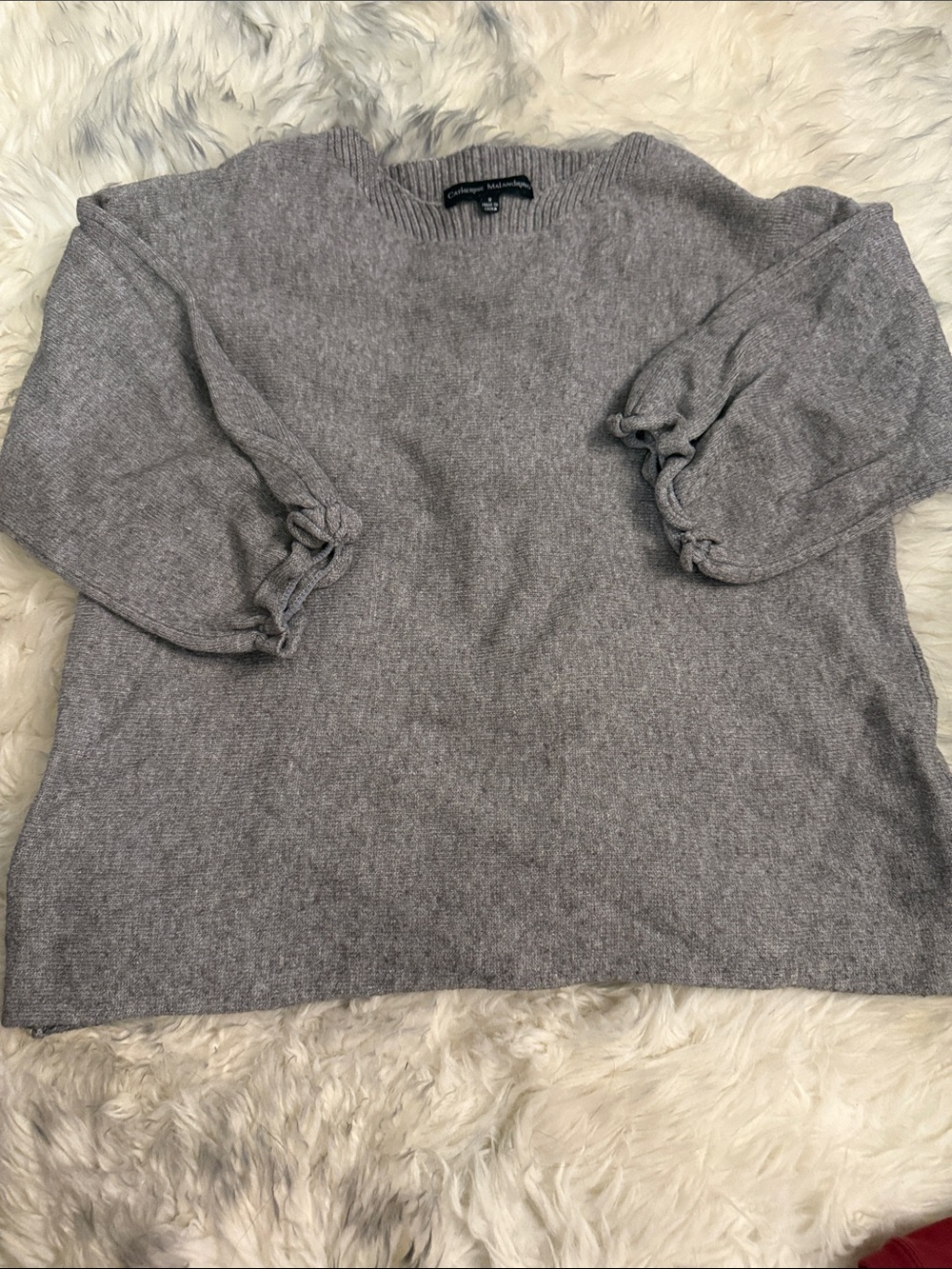 Catherine malandrino Light Heather Gray Crewneck Sweater with Ruched Cuff Detail